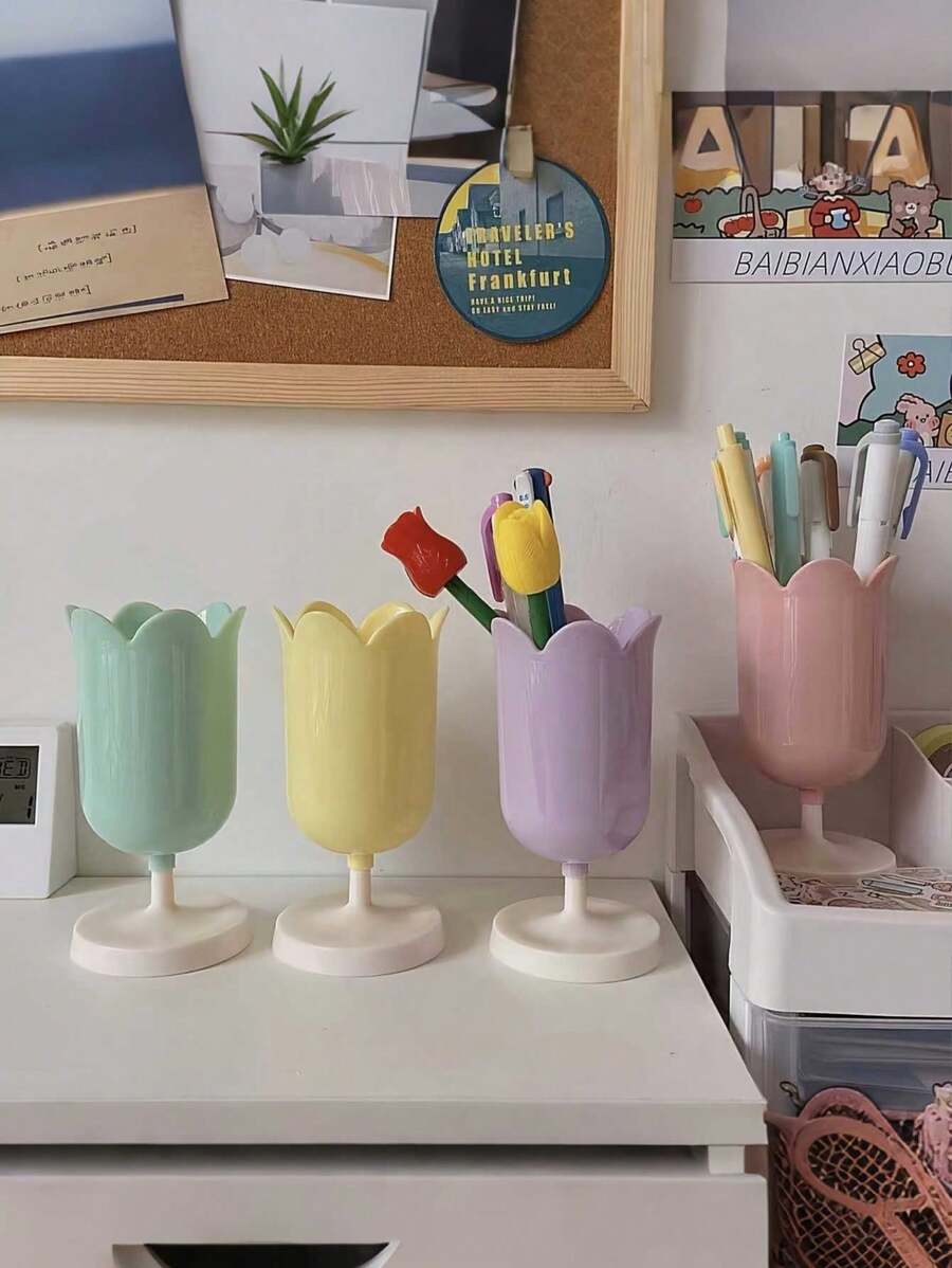 郁金香笔筒 - 泥土花卉桌面收纳盒，适用于化妆刷、办公用品和文具 - 鲜艳色彩的塑料装饰收纳盒，文具收纳 | 柔和的装饰 | 亮面处理。适合四季，用于学校用品，返校季