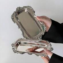 Bandeja vintage de acero inoxidable con plato postre con relieve, cara espejada, para almacenamiento de joyas y decoración del hogar - Plateado - Ver 2