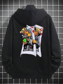 SU ER 男士休闲卡片印花连帽卫衣，带口袋，秋冬款 - 黑色 - 查看 3