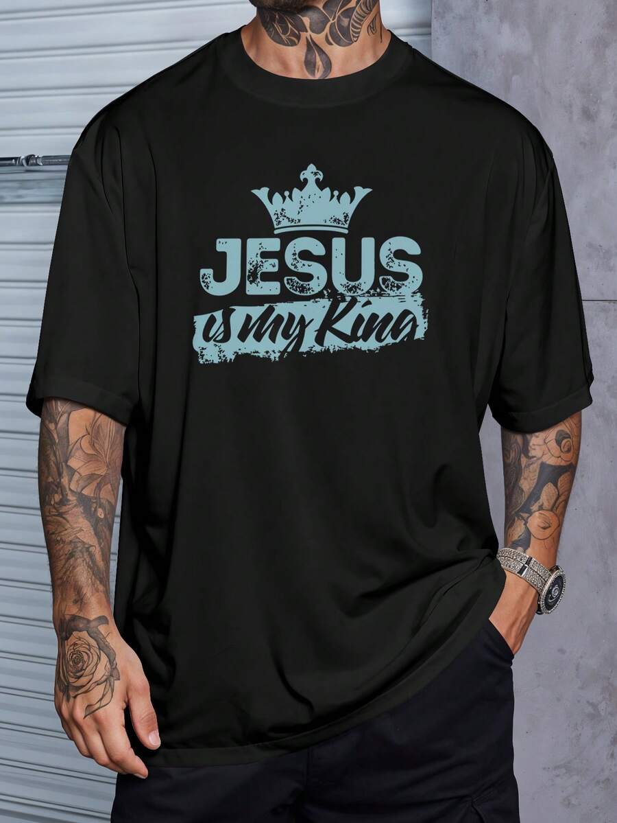 Camiseta Oversized Streetwear Jesus É Meu Rei Coroa Salvador REF 7215 VEST NERD - Preto - Visão 1