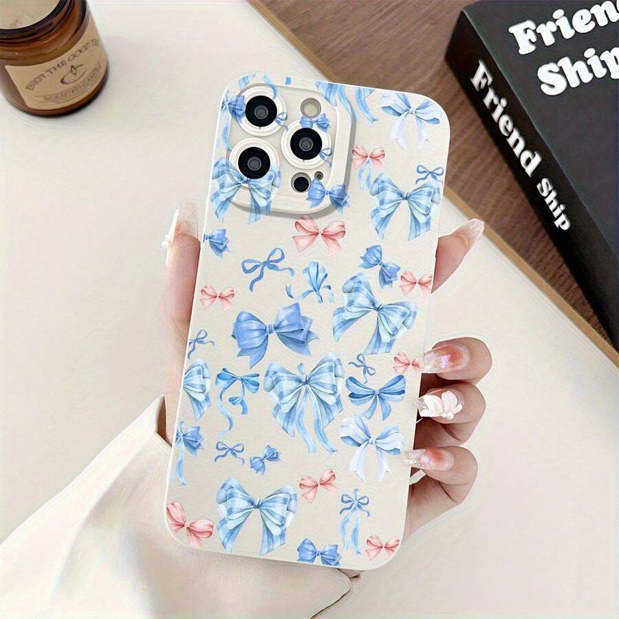 Fundas para celular 16, 15, 14, 13, 12 Pro, 16, 15, 14 Plus, X/Xsmax. Diseño divertido con lazo azul. Acabado mate. Compatibles con phone 16, 15, 14, 13, 12 Pro, 16, 15, 14 Plus, X/Xsmax, S22, S23, S24, S25 Ultra/Plus. TPU suave, antihuellas, absorción de impactos. - Blanco - Ver 1