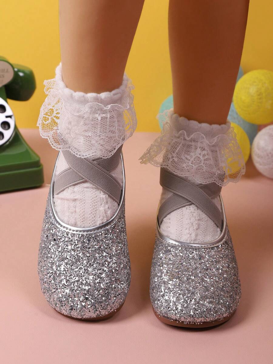 1 par de bailarinas planas de lona para niños con diseño brillante cruzado, zapatos casuales de moda tipo princesa de slip-on para primavera/otoño
