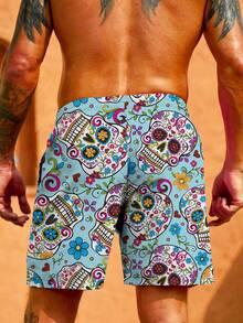 加大码男士骷髅 3D 印花抽绳腰袋短裤，独特时尚沙滩度假休闲短裤 - 彩色 - 查看 2