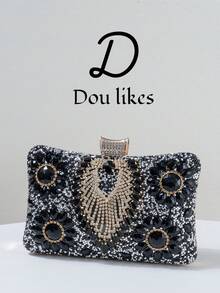Black Rhinestone Embellished Women's Evening Bag, Featuring Elegant Chunky Pearls, Exuding A Sophisticated And Luxurious Vibe. Suitable For Formal Occasions, Cocktail Parties, Galas, And Weddings. Can Be Paired With Evening Gowns, Bridesmaid Dresses, And Accessorized With Shoulder, Crossbody, Or Chain Strap Handbags.