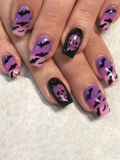 Upgrade Your Look,24Pcs Full Coverage Glossy False Nails,Black And Purple Gradient Skull Bat Pattern Designs Nail Art,Halloween Press On Nail Tips For Women Nail Supplies Nails