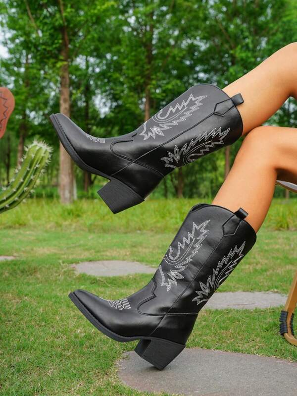 New Western Style Embroidered Mid-Calf Boots For Women, Fashionable & Versatile, Suitable For Outdoor, Travel, Riding, Daily Wear Chunky Heel Cowgirl Boots