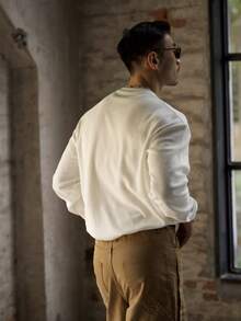 男士加厚华夫格针织宽松落肩长袖T恤小立领休闲打底衫美式复古风秋季 - 杏色 - 查看 3