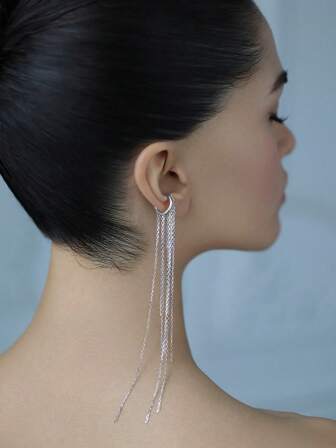 1pc Minimalist Chain Tassel 925 Sterling Silver Ear Clips - Perfect For Ladies' Parties, Banquets & Beach Vacations | Ideal Birthday Gift For Girlfriend, Sisters, Friends & Family