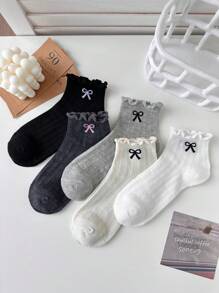 5 Pairs Women Frilly Edge Bow Patterned Ankle Socks - Cute Cartoon Design, Multi-Color Bow Comfortable Soft Casual Sport Travel Versatile Socks, Minimalist Style For Daily Wear