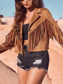 elfnokto Women's Plain Color Long Sleeve Fringe Jacket - 棕色 - 查看 5