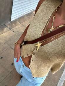 Women's Cute Casual Sparkly Buttons Knitted Sweater Vest Pullover Fashion Top Vacation Summer Autumn Outfits Clothes New Year