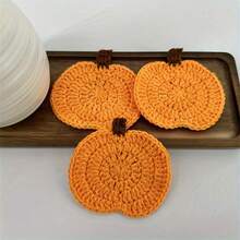 3/6pcs Crochet Pumpkin Coasters Set - Handcrafted, Perfect For Halloween & Autumn Home Decor, Versatile Table Accessories & Gifts Halloween Table Decor - Multicolor - View 5