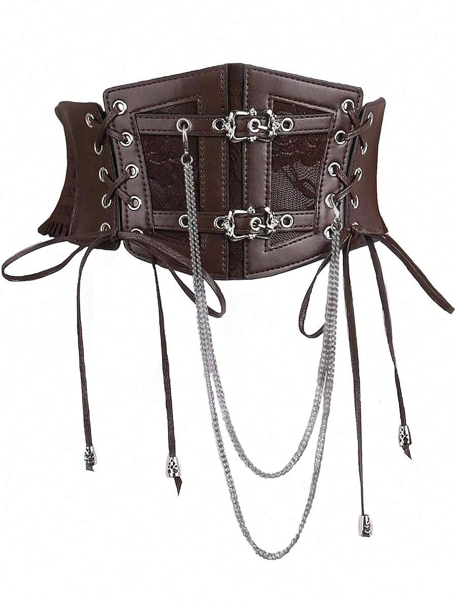 1 件女士棕色朋克风格 PU 皮革弹性腰带，适合万圣节晚会、聚会或日常穿着