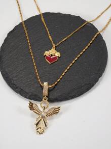 2pcs Fashionable Personalized Angelic Red Heart Multilayer Pendant Necklace, Gift For Women