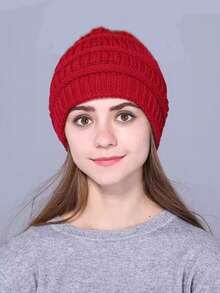 Gorro de punto de cola de caballo de unicolor para mujer, gorro de punto acrílico casual, versátil, de moda, de poliéster, de unicolor, para otoño/invierno - sombrero - Ver 17