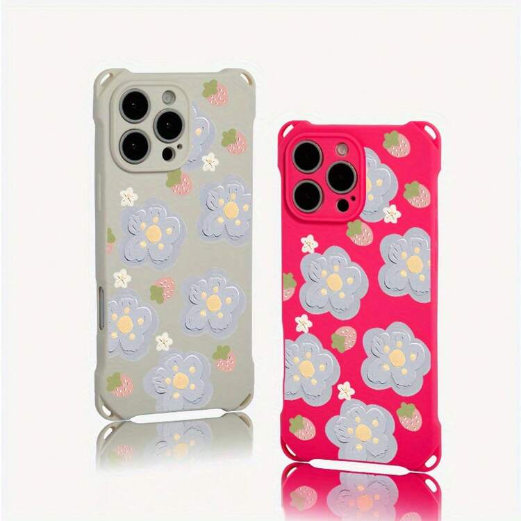 Funda de teléfono 1 pieza pintura al óleo azul diseño de patrón de flores cuatro esquinas colgante funda de teléfono 16 Pro 14 Plus 15 12 13 TPU impreso suave - Colores mixtos 1 - Añade 3