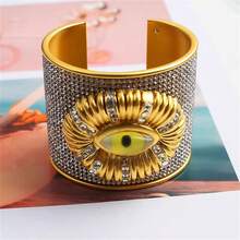 1 件夸张金属水钻邪眼袖口手镯，宽哥特式巴洛克风格眼形手镯，闪亮复古配饰