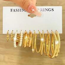 36/12 Piezas Conjunto de Aretes de Aro Elegantes y Minimalistas, Incrustados con Brillantes Rhinestones y Perlas de Imitación, con Diversos Diseños Retorcidos, Adecuados para Uso Diario, Fiestas y Ropa Casual - Dorado - Ver 4