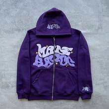 Red, Pink, Purple Multi-Color Lettered Cardigan Sweater With Printed Cotton Material On Top New  Men Punk Harajuku Hip-Hop Loose Casual Couple Fashion Sports Hoodie Street Wear  Christmas - 紫色 - 查看 1