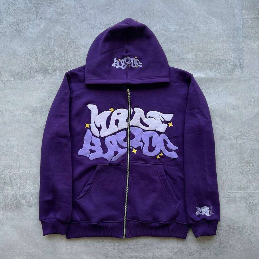 Red, Pink, Purple Multi-Color Lettered Cardigan Sweater With Printed Cotton Material On Top New Men Punk Harajuku Hip-Hop Loose Casual Couple Fashion Sports Hoodie Street Wear Christmas - 紫色 - 查看 1