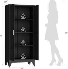 Armario de almacenamiento metálico de estilo rústico con 4 niveles, 2 puertas correderas y 3 estantes ajustables, 155 cm, ideal para la cocina, el hogar, la oficina, el garaje o la sala de estar, color blanco. - Negro - Ver 2