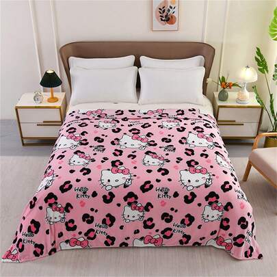 1 件套，Sanrio 可爱的豹纹 Hello Kitty 图案上衣。睡在温暖舒适的卡通毯子上，这款柔软蓬松的法兰绒上衣定会让您倍感舒适。适合沙发、床和办公室午睡 - 现代针织设计，超柔软家居、野餐和旅行毯 - 个性化毛毯，四季舒适