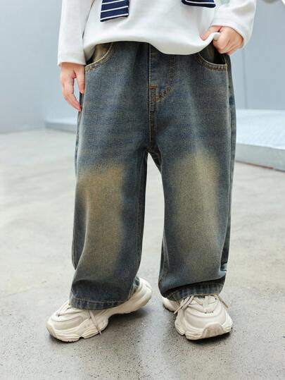 Toddler/Little Boys' Loose Fit Vintage Denim Jeans, Suitable For Casual, School, Outdoor Wear, Autumn
