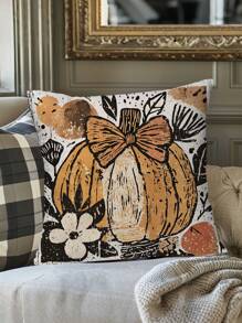 1 pieza Funda de cojín de otoño, estampado bohemio de calabaza fantasma y mapache, tela de poliéster con cremallera, estampado de una sola cara, sin inserto de cojín, decoración del hogar de otoño y Halloween, adecuado para el estilo rústico, patio exterior, sofá, cama, artículos para fiestas