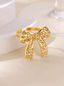 1 pieza Anillo de lazo fino para mujer, anillo de lazo con diamante de circonita cúbica, anillo abierto de acero inoxidable, joyería de moda para damas, regalo para ella, regalo de cumpleaños