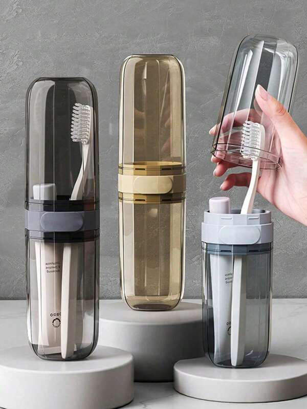 1pc Travel Wash Cup, Portable Toothbrush Tooth Cup, Travel Toothbrush Storage Kit For Home And Outdoor Use,Tooth Set Storage Box Travel Supplies Mouth Wash Cup, Artifact Toothbrush Kit With Travel Size Mouthwash Cup, And Transparent Storage Box Travel Necessity DIY Stickers,Suitable For Student Dormitory, Business Trip, Hotel Or Outdoor Travel.