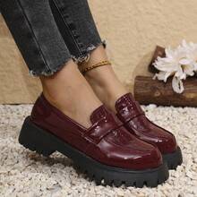 Cross-Border 43 Plus Size British Style Versatile Women's Loafers 2025 Spring New Round Toe Thick Sole Height Increasing Slip-On Loafers - Burgundy - View 4