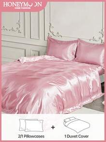2/3 件套优质丝滑缎面羽绒被套床上用品套装，柔软透气防皱，助眠效果更佳，奢华酒店风格，送给爸爸妈妈朋友的礼物，羽绒被套 * 1 枕套 * 1/2，粉色，完美适合单人床、全尺寸特大号双人床