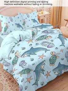 Conjunto de cama com estampa de tartaruga e tubarão marinho, 4 peças (1 capa de edredom + 2 fronhas + 1 lençol de cima), lavável, adequado para quarto, hotel, escola, apartamento