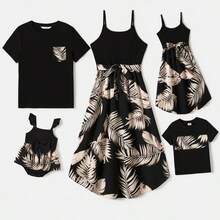 PP Family Matching Floral Print Belted Cami Dresses And Solid Short Sleeve Tops Sets - Black - View 1