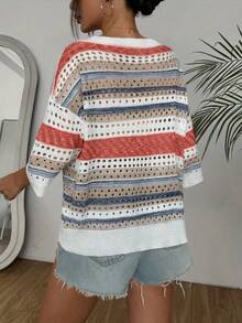 Plus Size Women Holiday Casual Colorblock Striped Sweater - Red - View 4