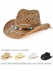 1pc Unisex Gemstone Decor Western Cowboy Hat, Hollow Print Straw Hat, Spring/Summer Travel Sun Beach Hat, Casual Sun Hat (After Receiving The Product, If The Brim Is Deformed, It Needs To Be Manually Adjusted Back)