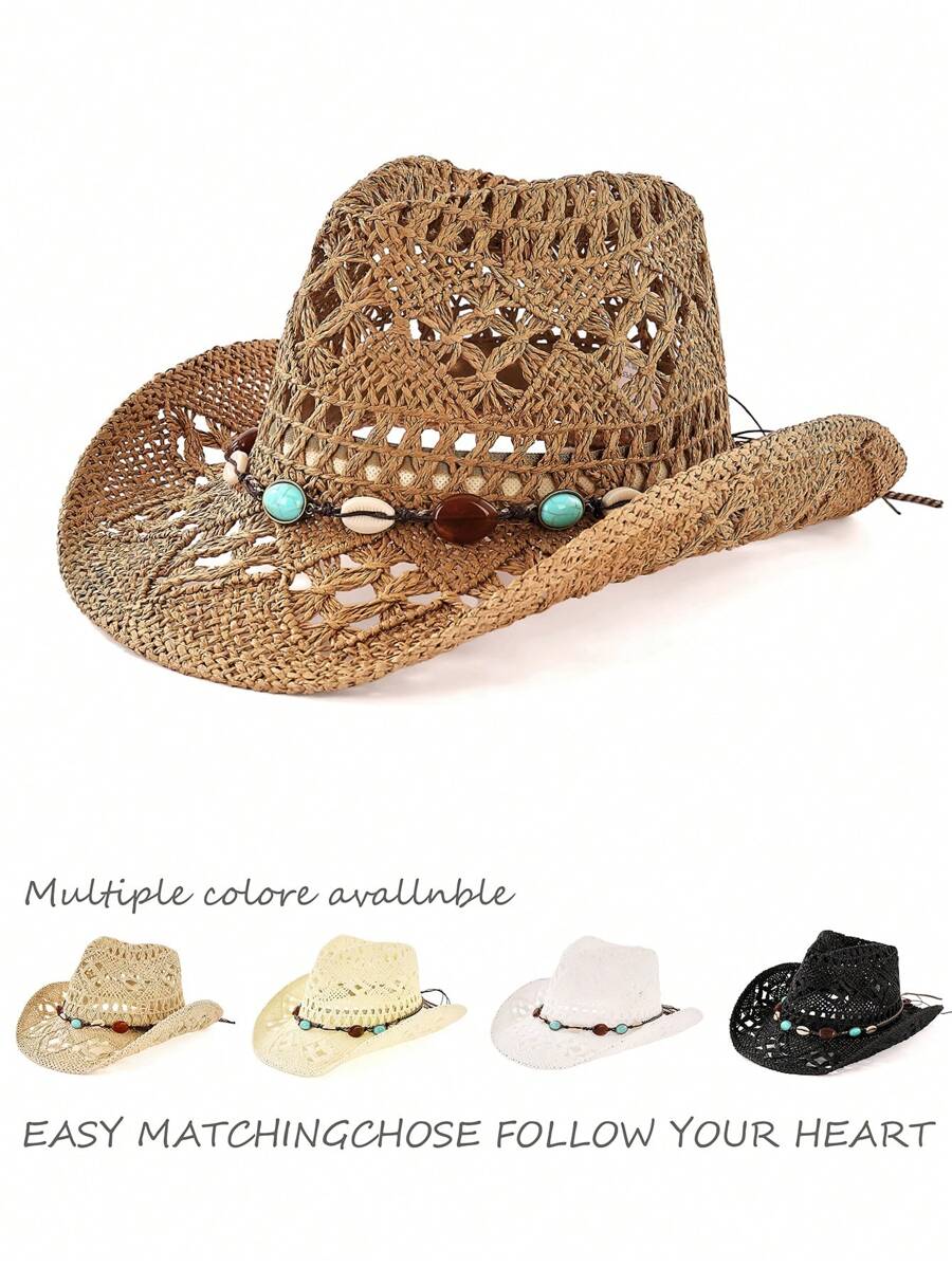 1pc Unisex Gemstone Decor Western Cowboy Hat, Hollow Print Straw Hat, Spring/Summer Travel Sun Beach Hat, Casual Sun Hat (After Receiving The Product, If The Brim Is Deformed, It Needs To Be Manually Adjusted Back)