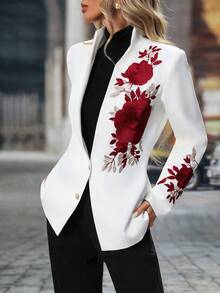 Soft Rose Embroidered Classic White Coat. - 白色 - 查看 4