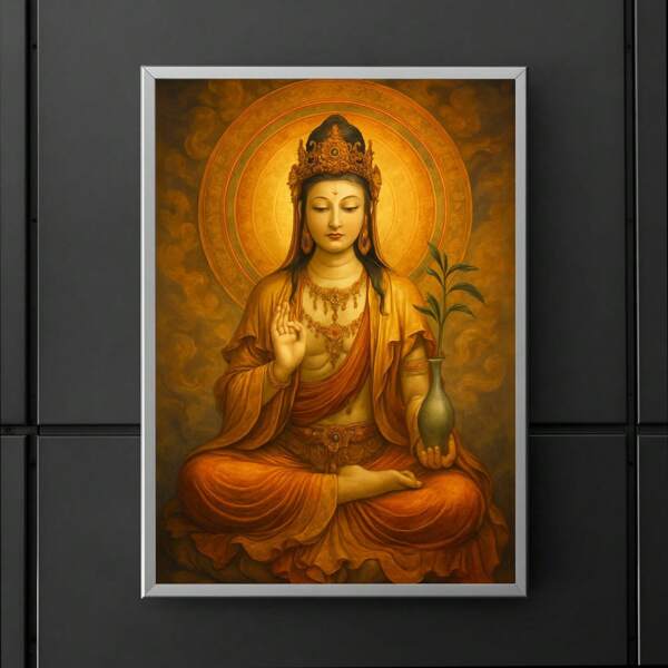 1pc Guanyin Bodhisattva Divine Art Print Zen Buddhism Wall Decor With Lotus & Compassion Theme, Frameless Spiritual Canvas Painting For Meditation Room/Living Room/Dorm, Mindful Gift For Yoga Practitioners & Spiritual Party Decoration (Buddha Wall Art, Asian Prints, Tranquil Prints For Wall)