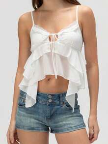 Women's Summer Ruffled Camisole Spaghetti Strap Tie Front V-Neck Lace Trim Slim Fit Tank Tops Streetwear - White - View 4