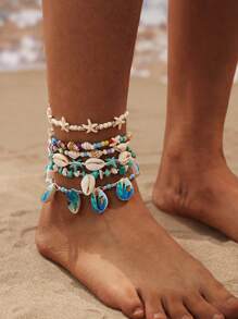 1 o talla grande sets de tobilleras de elementos marinos, con colgantes pequeños de conchas, estrellas de mar y conchas, tobilleras personalizadas y de moda con múltiples elementos ajustables, apropiadas para usarse en verano, vacaciones en la playa y natación