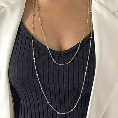 1 件女士时尚长金属串珠链项链，多层百搭毛衣链