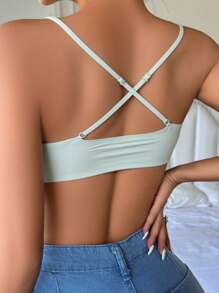 1 件女士休闲舒适简约前扣文胸，无缝深 V 高弹力交叉工字背针织面料无钢圈休闲文胸，防止下垂