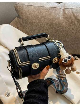 1개 미니 레트로 라운드 핸드백 여성용, 일상 사용 (퍼장식 포함)