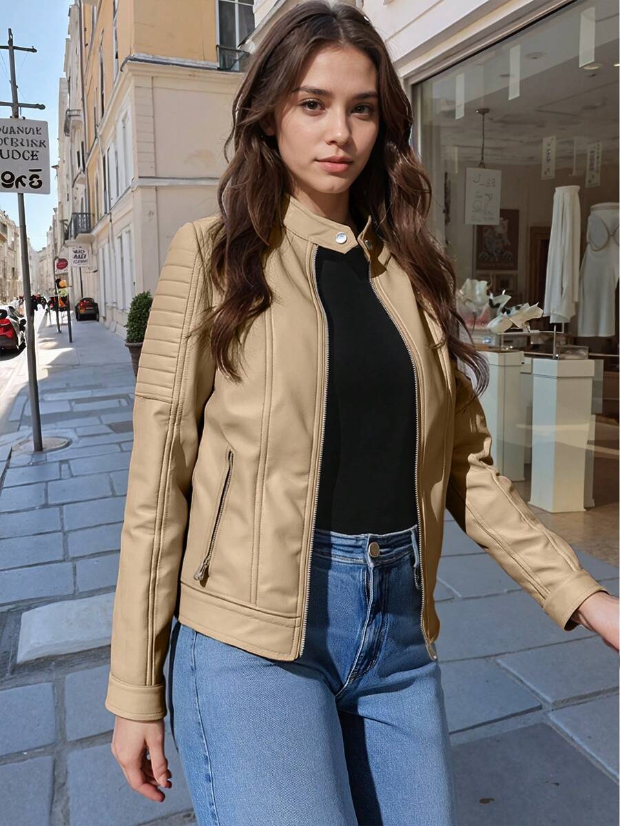 Giolshon Women's Autumn/Winter PU Biker Jacket, Street Style Design With Zipper Pockets, Ideal For Urban Commute And Travel, Combining Fashion And Practicality - Khaki - View 1