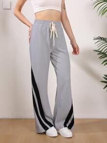 女士休闲宽松直筒抽绳腰拼色运动裤，夏季 - 灰色 - 查看 2