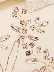 3件套水晶婚礼发饰套装，手工水钻新娘发夹，伴娘发饰 - 金色 - 查看 9