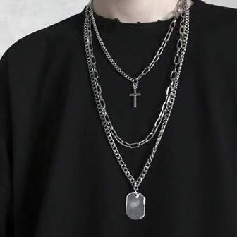 3pcs Stainless Steel Cross Pendant Necklace Chain Set, Unisex Hip Hop Exaggerated Festival Accessory