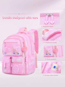 1 件套流沙公主印花背包，带可爱蝴蝶结，多口袋大容量，可调节肩带，拉链开合，涤纶衬里，防水材质，适合通勤、日常使用、返校礼物