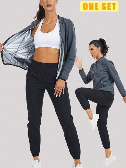 1 套女式长袖和裤子拉链设计银色涂层汗蒸桑拿服，适合户外运动、健身、减肥、跑步